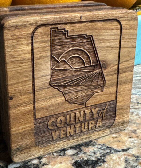 County of Ventura logo engraved wooden coaster